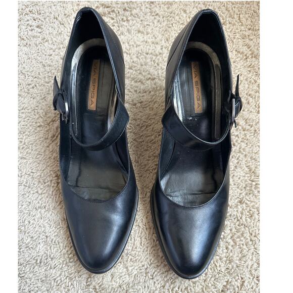 Via Spiga Black Leather Mary Jane Block Heel‎ Shoes Women 9.5 - Picture 2 of 9